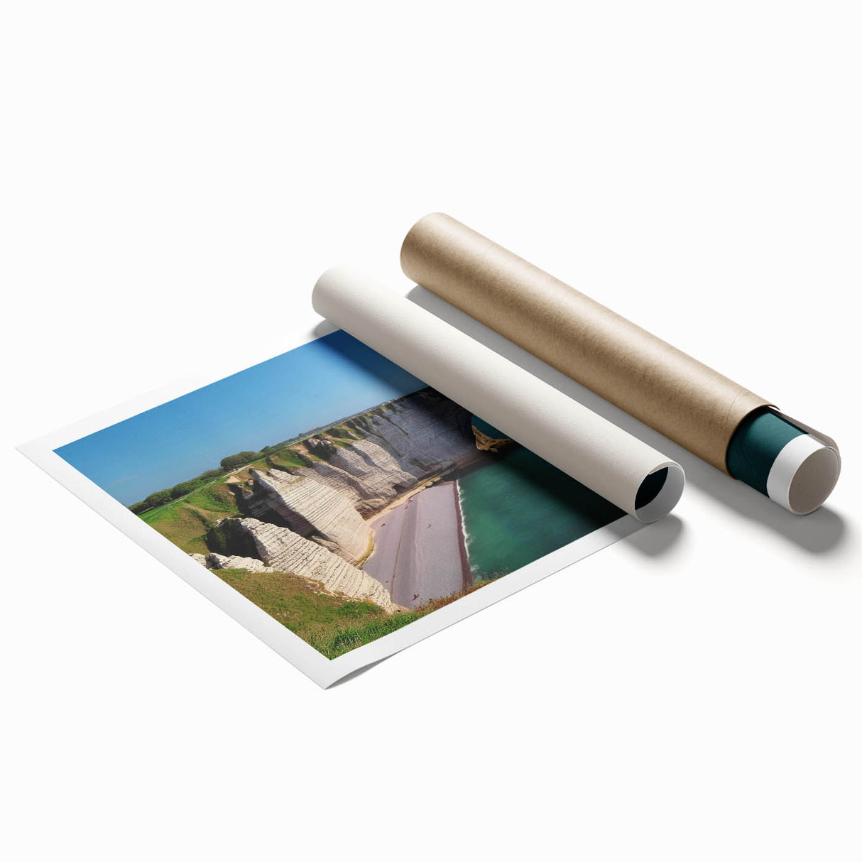 Abstract landscape featuring vibrant cliffs and serene ocean waves, perfect for modern home decor. The rolled print showcases rich colors, ideal for enhancing interior spaces.