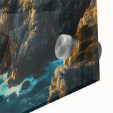 Close-up of a vibrant acrylic wall art piece showcasing dramatic cliffs and landscapes, emphasizing rich colors and intricate details, perfect for modern decor.