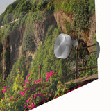 Close-up of a vibrant acrylic glass wall art piece showcasing a stunning cliff landscape design, featuring rich colors and intricate details, perfect for home decor.