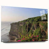 Acrylic glass wall art collection showcasing a stunning landscape design of cliffs, presented from a side view with decorative pins, ideal for modern decor.