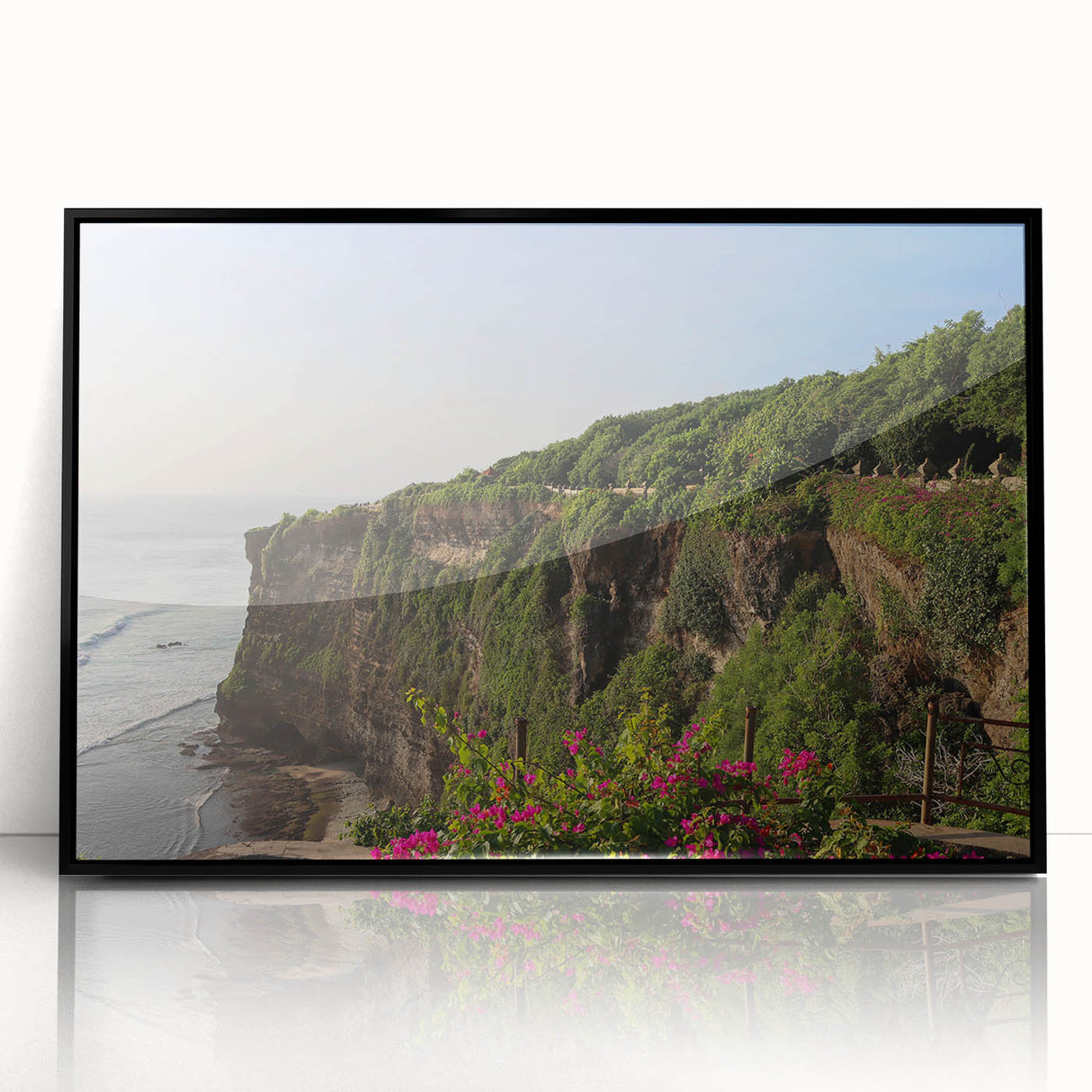 Framed acrylic wall art featuring a dramatic landscape of cliffs in vibrant colors, showcasing intricate details and textures, perfect for modern home decor.
