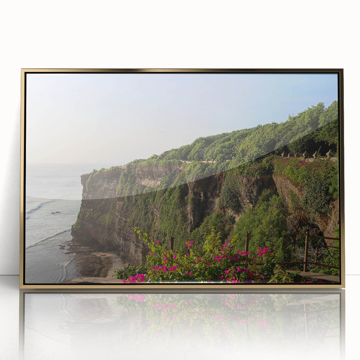 Framed acrylic wall art featuring a stunning cliff landscape design with gold accents, showcasing intricate details and vibrant colors, perfect for home decor.