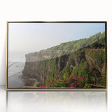 Framed acrylic wall art featuring a stunning cliff landscape design with gold accents, showcasing intricate details and vibrant colors, perfect for home decor.