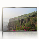 Framed acrylic wall art showcasing a serene landscape of cliffs, with silver accents enhancing the natural beauty, ideal for modern home decor.