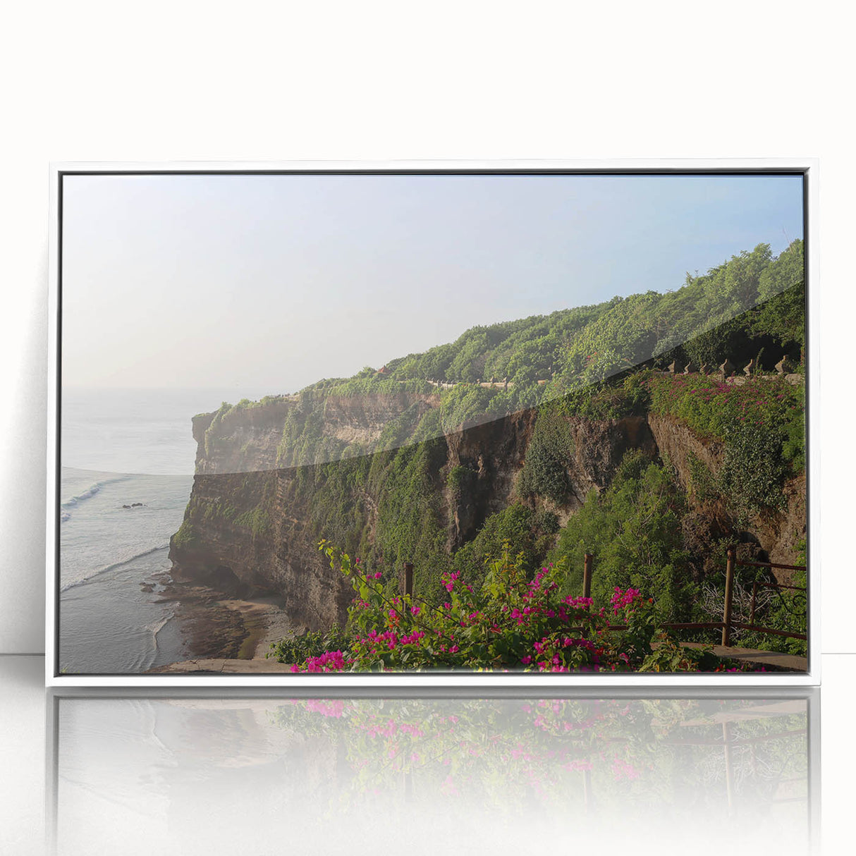Framed acrylic wall art featuring a stunning cliff landscape design, presented in a sleek white frame, perfect for modern home decor and nature enthusiasts.