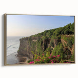 Framed canvas wall art showcasing a stunning landscape of cliffs with golden hues, elegantly displayed from a side view, perfect for enhancing home decor.