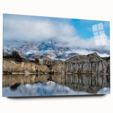 Side view of a modern wall art piece showcasing a vibrant landscape of cliffs and mountains, designed with acrylic glass for a sleek finish, emphasizing rich colors and textures. Perfect for contemporary home decor.