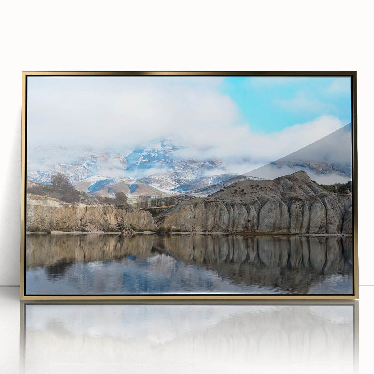 Framed acrylic wall art featuring a stunning landscape of golden cliffs, showcasing intricate details and vibrant colors, perfect for modern home decor.