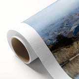 Vibrant abstract landscape wall art on rolled canvas, showcasing dramatic cliffs and colorful skies, perfect for contemporary home decor.