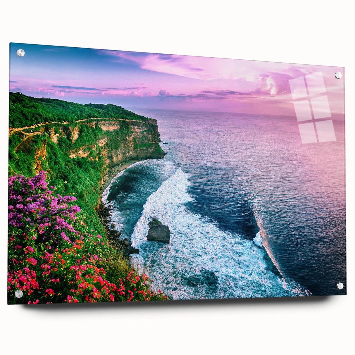 Acrylic glass wall art collection depicting vibrant landscapes and cliffs, showcasing a side view with decorative pins, ideal for modern home decor and aesthetic appeal.