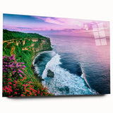 Acrylic wall art design showcasing a vibrant cliff landscape, displayed from a side view, emphasizing its sleek glass-like finish and modern aesthetic. Perfect for home decor.