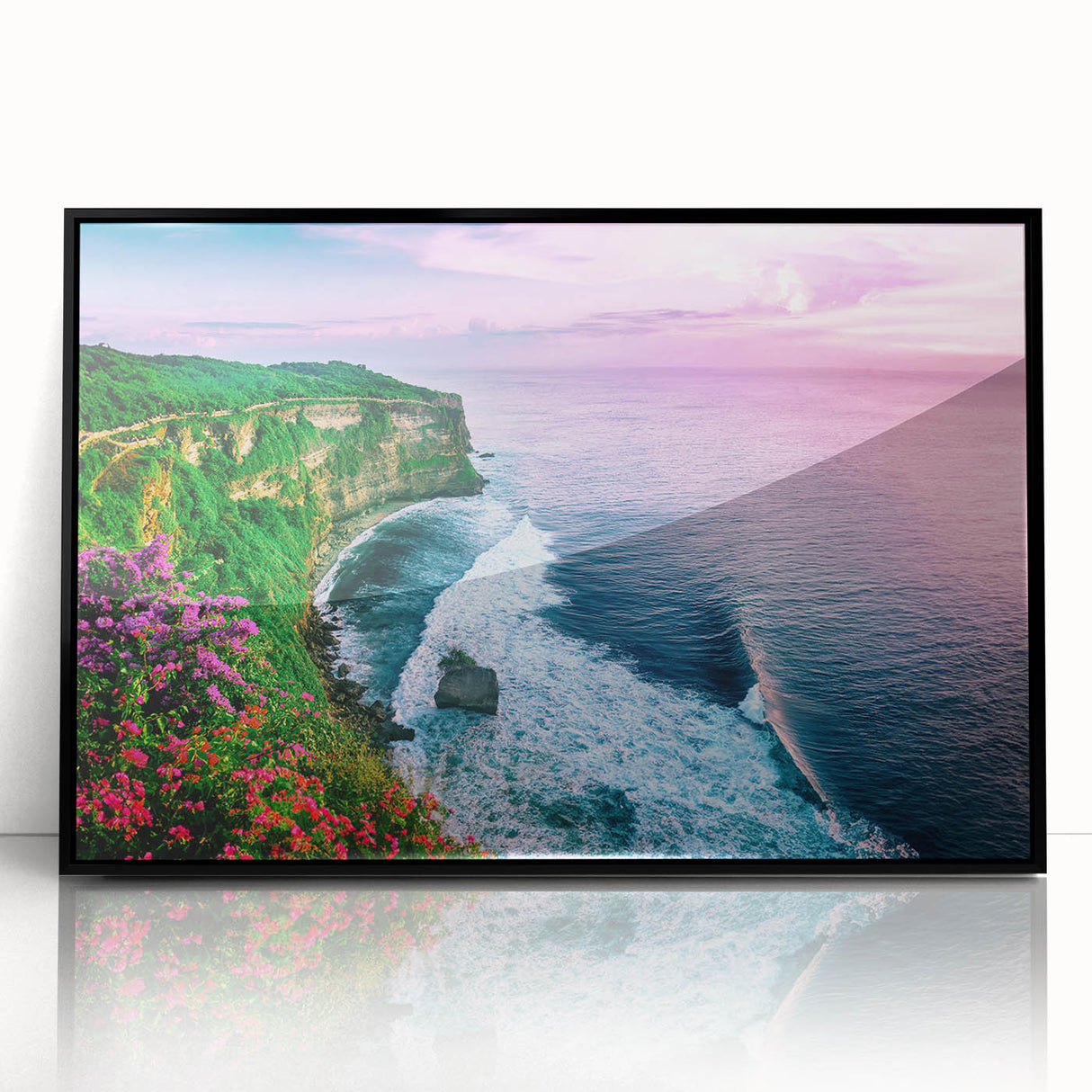 Framed acrylic wall art showcasing a stunning cliff landscape design, featuring vibrant colors and intricate details, perfect for modern home decor.