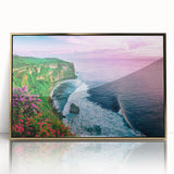 Framed acrylic wall art showcasing a stunning landscape of cliffs, with a gold border, perfect for adding elegance to modern home decor.