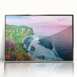 Framed acrylic wall art displaying a stunning landscape of cliffs, featuring a silver frame that enhances its elegance, perfect for modern home decor.