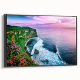 Framed canvas wall art showcasing a dramatic cliff landscape design with vibrant colors, set against a sleek black frame, ideal for modern decor.