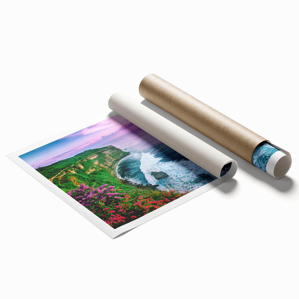 Vibrant rolled print of a scenic cliff landscape, showcasing dramatic rock formations and lush greenery, ideal for wall art enthusiasts seeking nature-inspired decor.