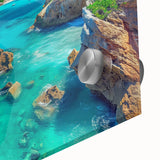 Close-up of a vibrant acrylic glass wall art piece showcasing a dramatic cliff landscape, featuring rich colors and intricate details, perfect for modern decor.