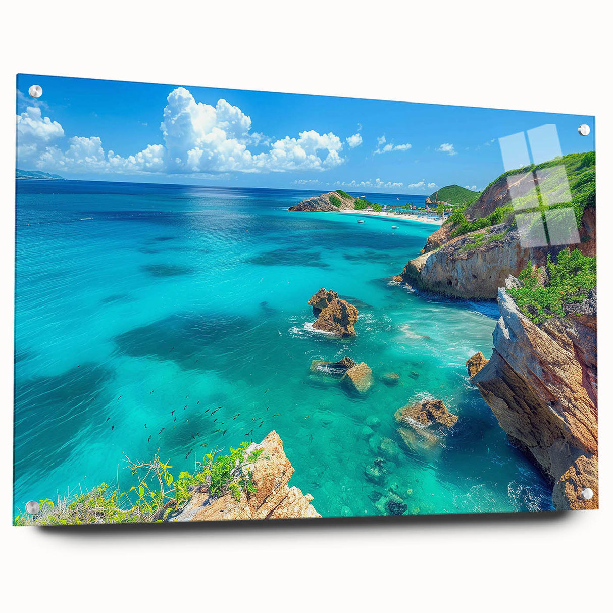 Acrylic glass wall art featuring a stunning cliff landscape design, shown from the side with mounting pins, perfect for modern interior decor.