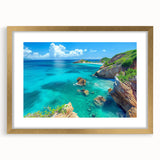 Gold-framed wall art featuring a stunning landscape of cliffs, showcasing vibrant colors and intricate details, perfect for enhancing modern interior decor.