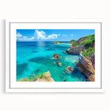 Framed wall art print showcasing a stunning landscape of cliffs in vibrant colors, elegantly matted, and featuring a sleek white frame, perfect for modern decor.