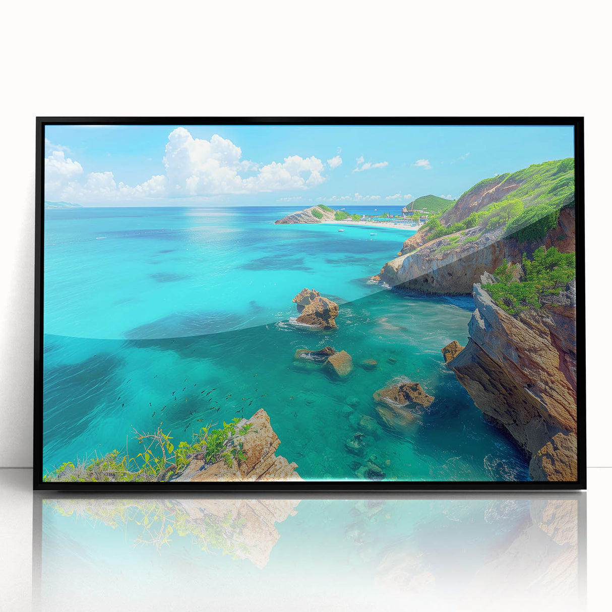 Framed wall art showcasing a stunning cliff landscape design with vibrant colors, set in a sleek black frame, perfect for modern home decor.