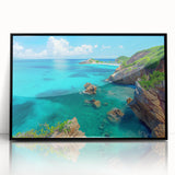 Framed wall art showcasing a stunning cliff landscape design with vibrant colors, set in a sleek black frame, perfect for modern home decor.