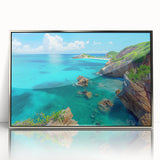 Framed acrylic wall art showcasing a stunning landscape of cliffs, featuring intricate details and vibrant colors, perfect for modern home decor and art enthusiasts.