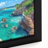 Close-up of a framed canvas wall art piece showcasing a vibrant landscape of cliffs and mountains, with rich colors and intricate textures, perfect for home decor.