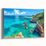 Framed canvas wall art showcasing a stunning landscape with dramatic cliffs and a serene sky, featuring a silver frame that enhances its elegance, perfect for modern home decor.