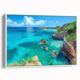 Framed canvas wall art showcasing a stunning landscape of cliffs with vibrant colors and intricate details, perfect for home decor. The piece is set against a clean white background, highlighting its artistic beauty and depth.