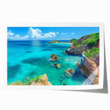 Vibrant rolled print showcasing a stunning landscape of dramatic cliffs under a clear blue sky, perfect for home decor or art collection, emphasizing natural beauty and tranquility.