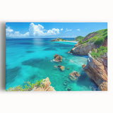 Stretched canvas wall art showcasing a stunning landscape of majestic cliffs under a vibrant sunset, perfect for home decor and nature enthusiasts.