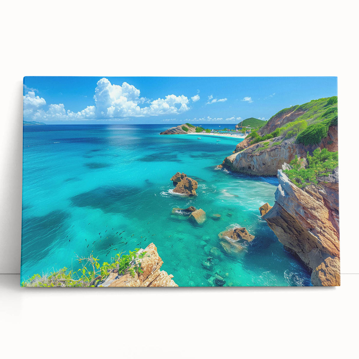 Stretched canvas wall art showcasing a serene landscape of cliffs and mountains, featuring soft hues of blue and green, ideal for modern home décor.
