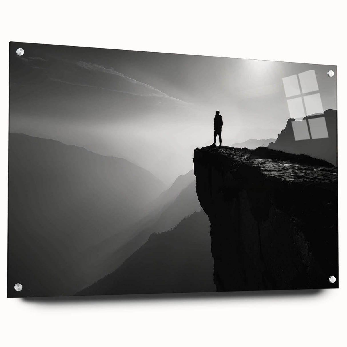 Acrylic wall art featuring a scenic view of cliffs, showcasing vibrant colors and intricate details, displayed with decorative pins against a neutral backdrop.