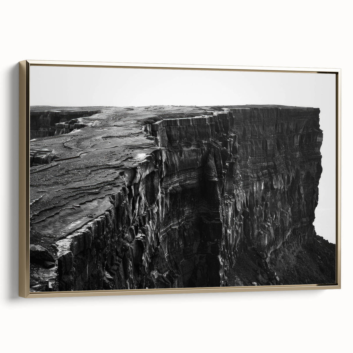 Framed canvas wall art of a stunning cliff landscape design, featuring gold accents, ideal for home decor. The piece showcases vibrant colors and intricate details, enhancing any living space with a touch of nature-inspired elegance.