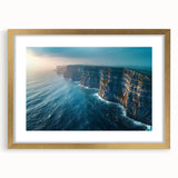Framed wall art showcasing a stunning landscape of cliffs, featuring a gold frame and mat, ideal for home decor. Perfect blend of nature and elegance.