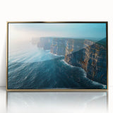 Framed acrylic wall art featuring a vibrant landscape of cliffs, showcasing golden hues and intricate details, perfect for modern home decor.