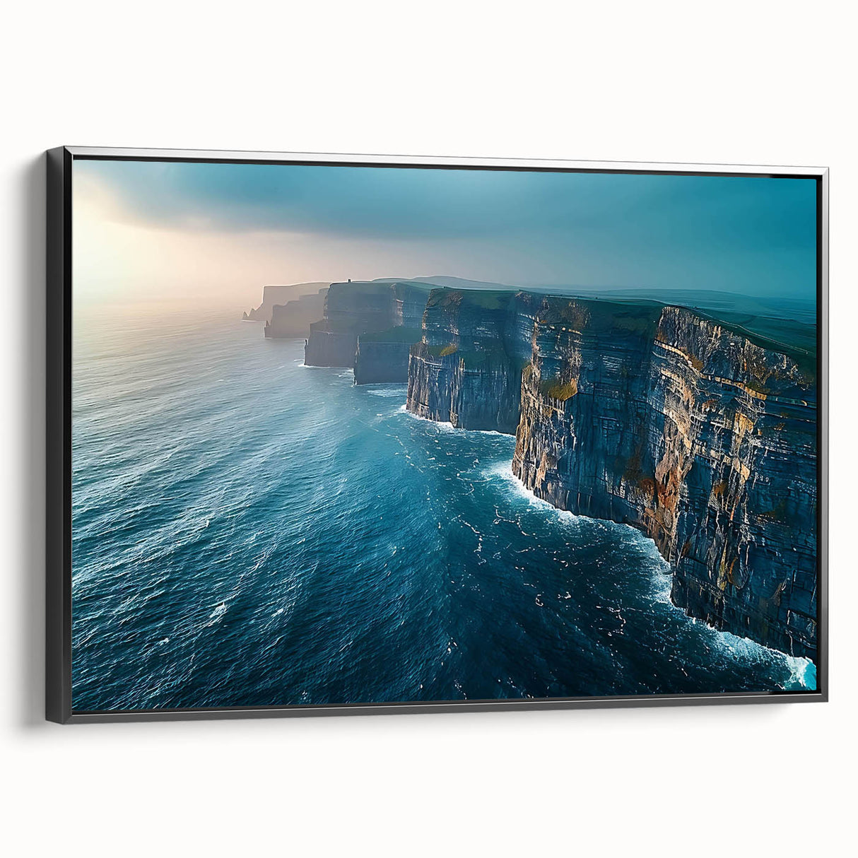 Framed canvas wall art showcasing a stunning cliff landscape design with vibrant colors, set against a sleek black frame, enhancing any modern decor.