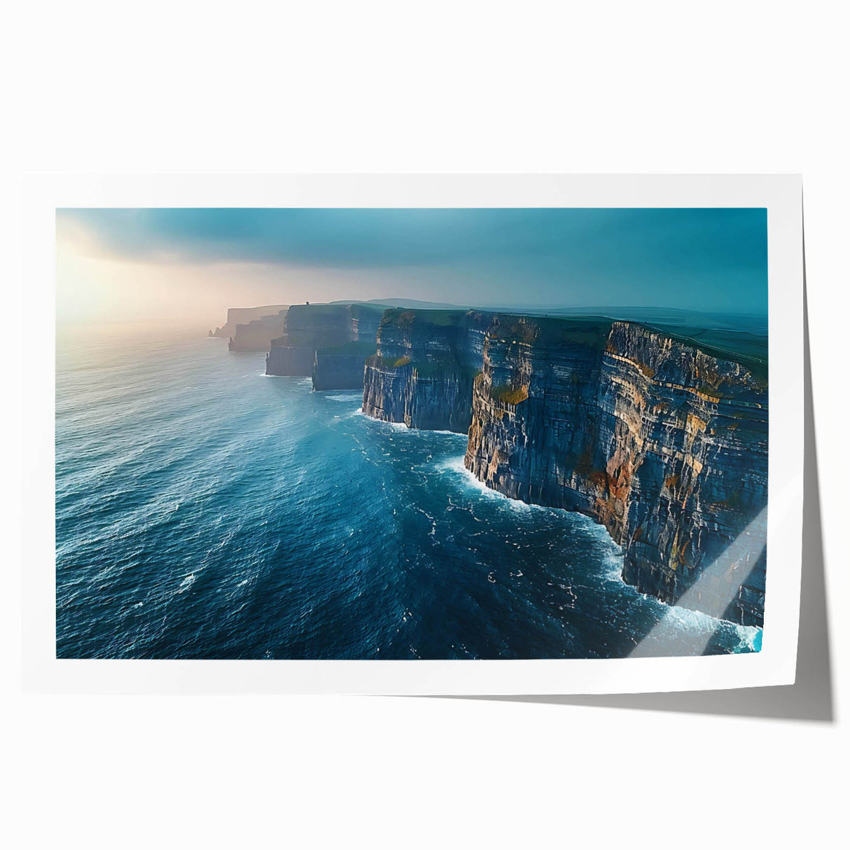 Vibrant rolled print showcasing a stunning landscape of cliffs and natural formations, featuring rich colors and intricate details, perfect for home decor.