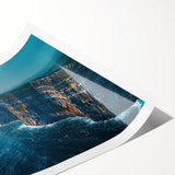 Vibrant rolled print showcasing a stunning landscape of cliffs with dramatic colors, perfect for home decor, delivered safely in a protective cardboard tube.