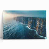 Stretched canvas wall art showcasing a breathtaking landscape of cliffs and ocean waves, featuring vibrant colors and a serene atmosphere, perfect for home decor.