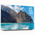 Acrylic glass wall art showcasing a stunning landscape of cliffs, displayed in a side view with decorative pins, perfect for modern home decor.