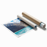 Vibrant rolled print of a coastal cliff landscape showcasing deep blues and earthy tones, perfect for enhancing modern home decor. Ideal for wall art enthusiasts.