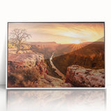 Framed acrylic wall art featuring a stunning landscape of cliffs, showcasing vibrant colors and intricate details, perfect for modern home decor. The white frame enhances the visual appeal, making it a striking focal point for any room.