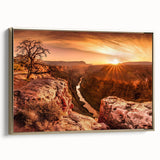 Framed canvas artwork depicting a stunning cliff landscape with rich gold accents, perfect for modern home decor, showcasing natural beauty and elegance.
