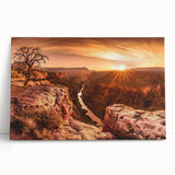 Stretched canvas wall art showcasing a striking landscape of cliffs with vibrant colors and textures, elegantly leaning against a neutral wall, ideal for modern decor.