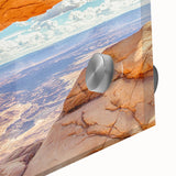 Close-up of a vibrant acrylic glass wall art piece showcasing colorful landscapes and cliffs, perfect for enhancing modern decor with nature-inspired elegance.