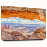 Side view of a modern wall art piece featuring a scenic landscape of cliffs, designed with acrylic glass, showcasing vibrant colors and intricate details. Perfect for adding a contemporary touch to any room decor.