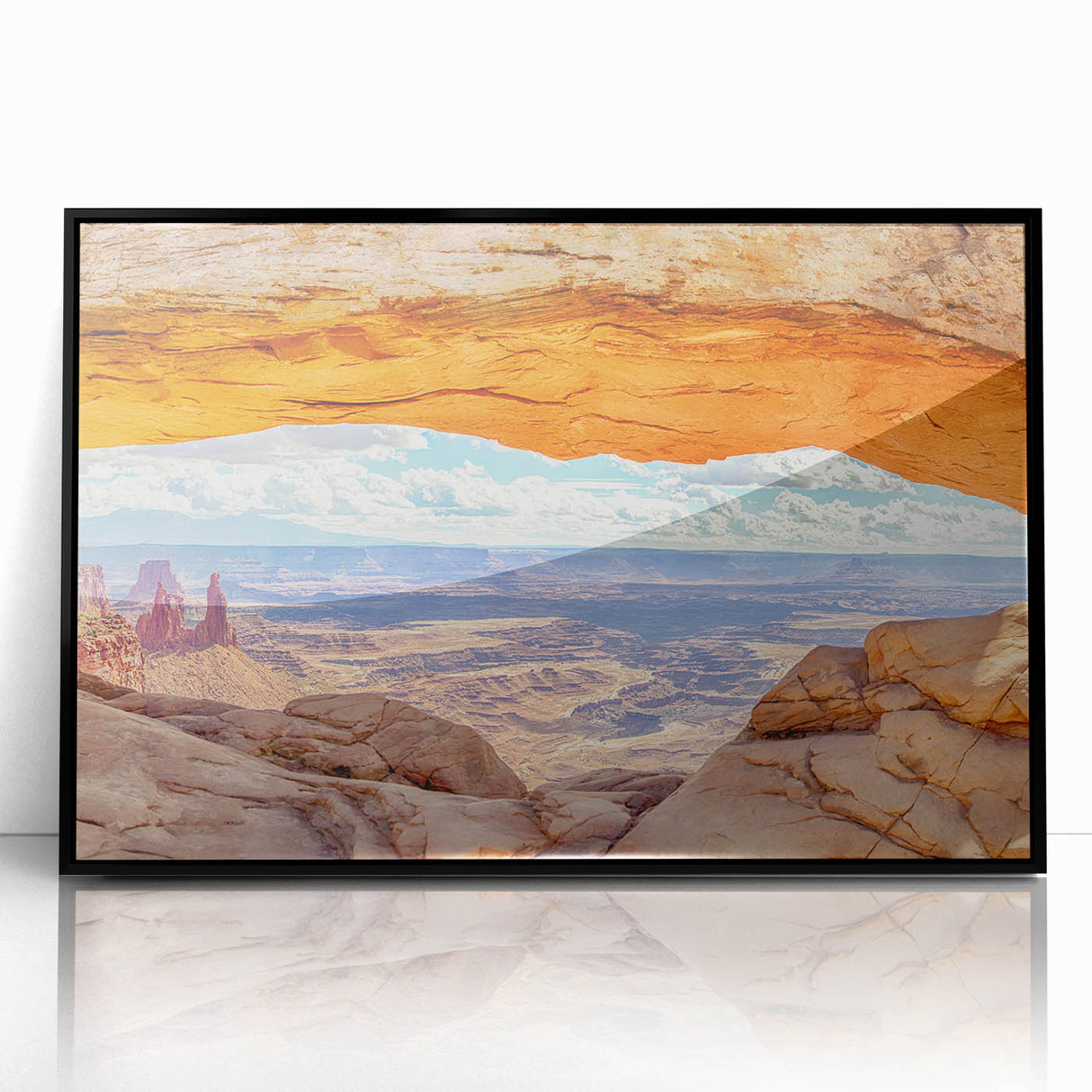 Framed acrylic wall art featuring a scenic cliff landscape design with vibrant colors, set against a sleek black frame, perfect for modern home decor.