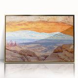 Framed acrylic wall art showcasing a stunning landscape of cliffs at sunset, featuring vibrant colors and gold accents, perfect for modern home decor.